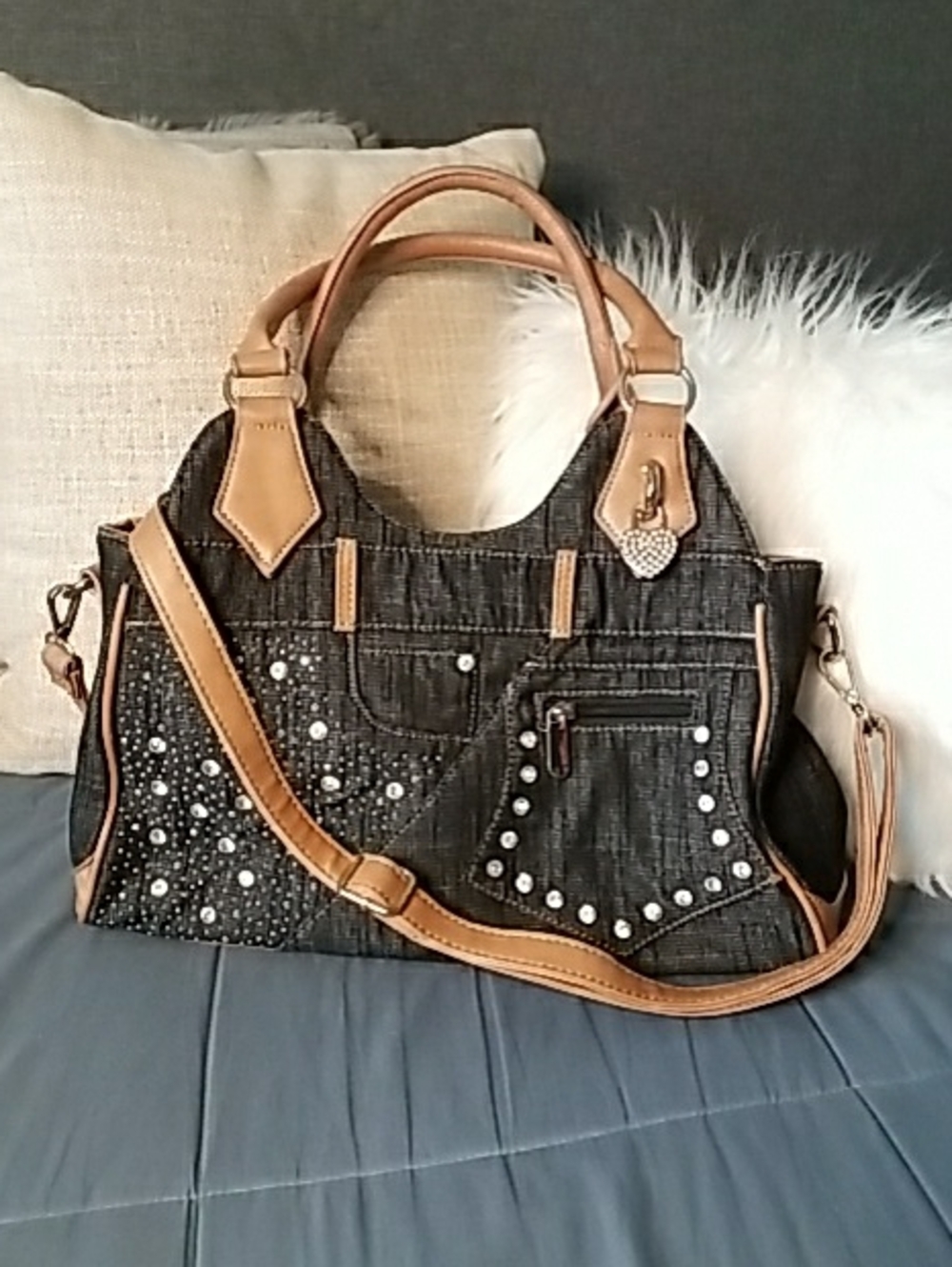 Black Denim Shoulder Bag with Tan Trim and Rhinestone Detail